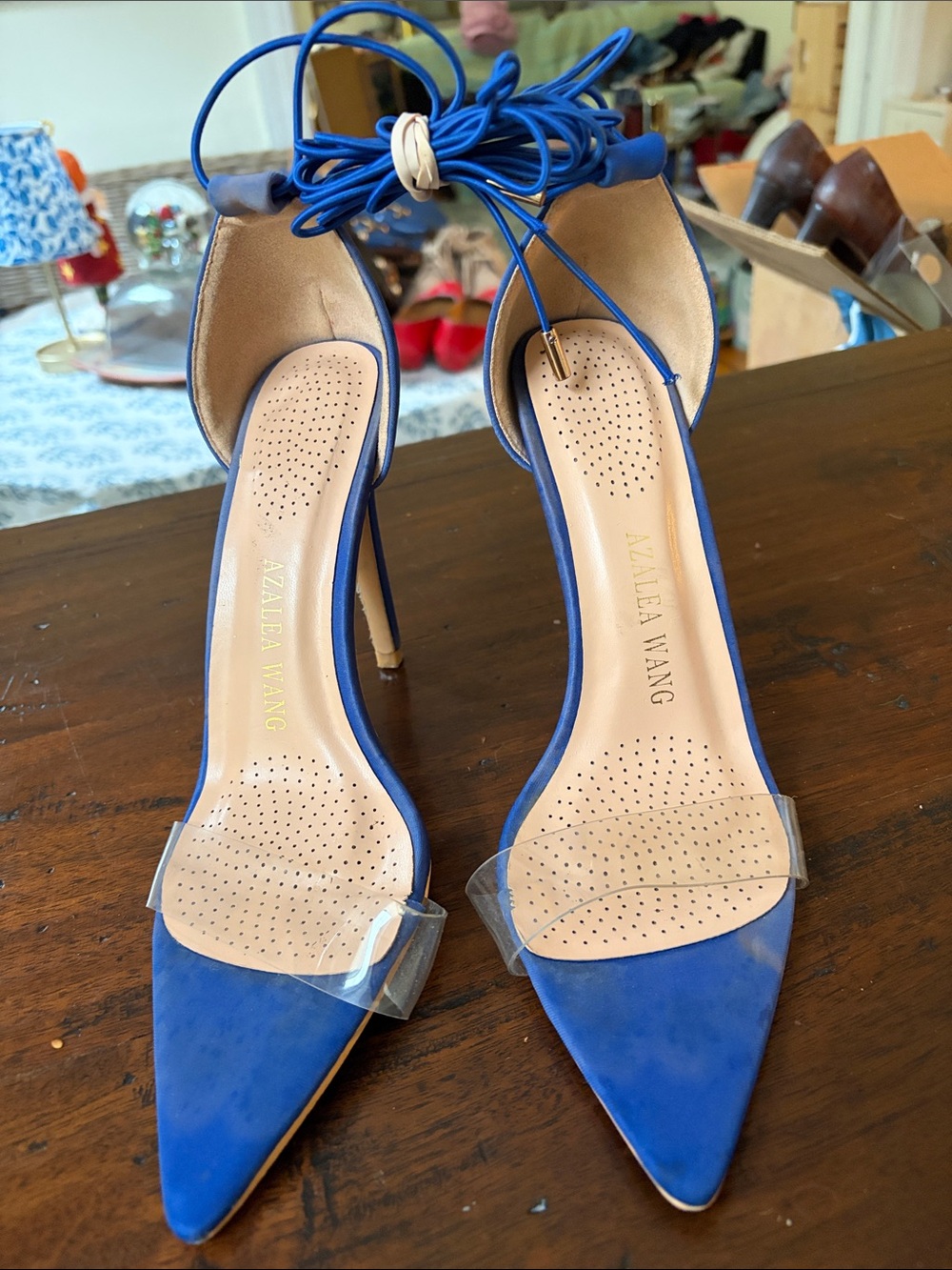 Azalea Wang Blue Pointed Toe Lace-Up Heels with Clear Strap